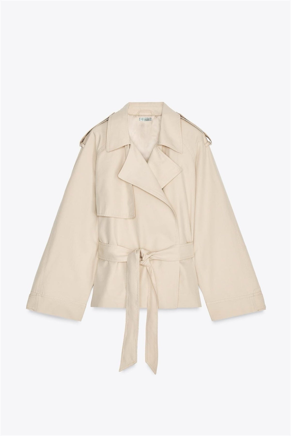Caliante Damen Cropped Trenchcoat Beige mit Gürtel und Reverskragen