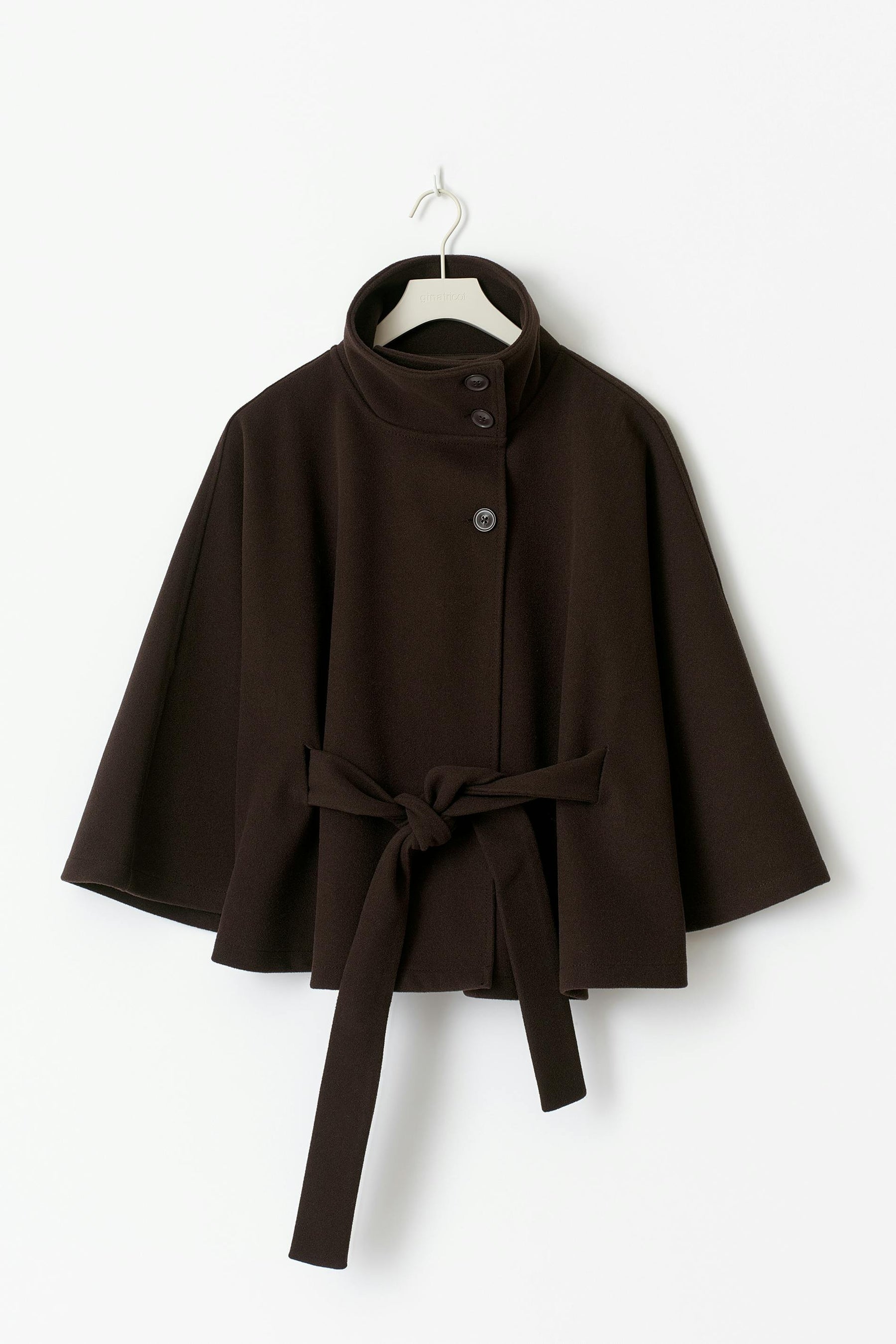 Eleganter brauner Cape-Mantel mit Bindegürtel und weiten Ärmeln