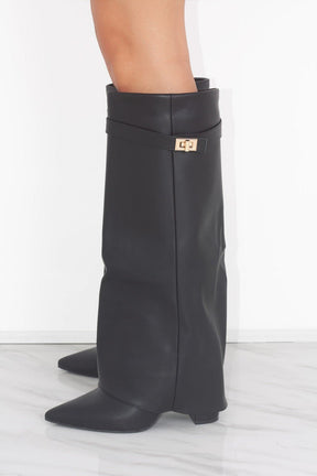 Elegante Kniehohe Veloursstiefel mit breitem Schaft, goldener Spange & Blockabsatz